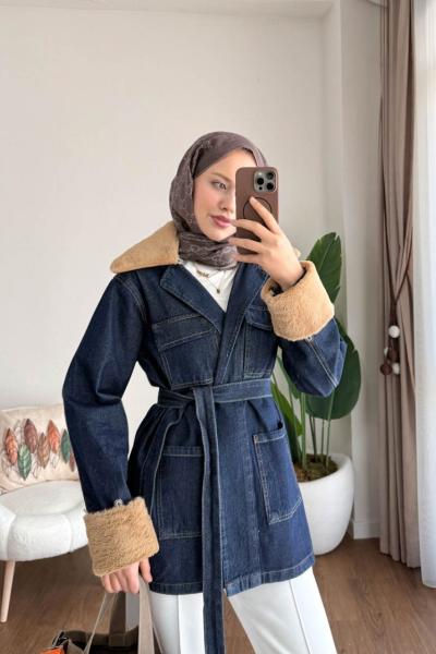 Kürk Detaylı Kot Ceket Lacivert