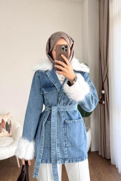 Kürk Detaylı Kot Ceket Açık Mavi