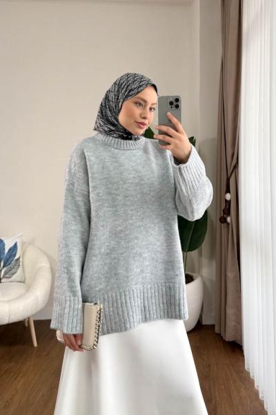 Oversize Bisiklet Yaka Kazak Gri