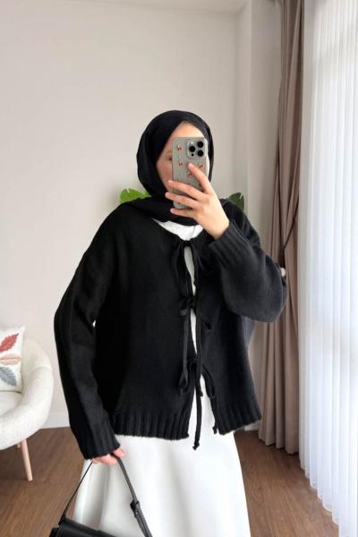 Bağcıklı Laura Hırka  Siyah