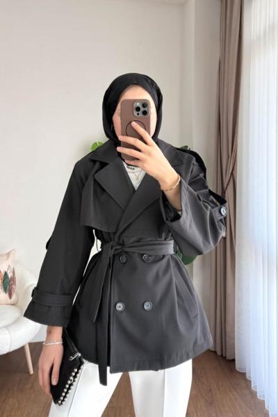 Apoletli Kısa Trenç  Siyah