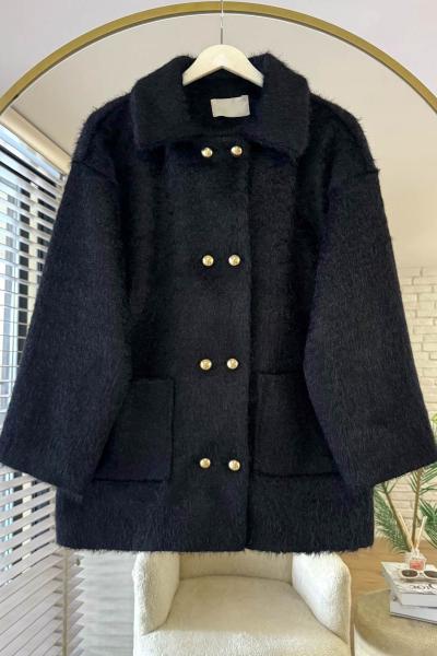 Düğme Detaylı Tüylü Ceket Siyah