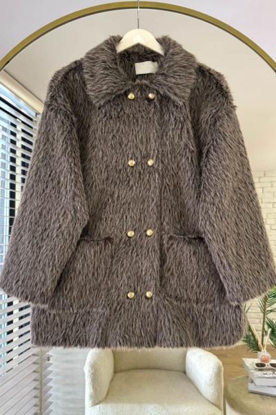 Düğme Detaylı Tüylü Ceket Kahverengi