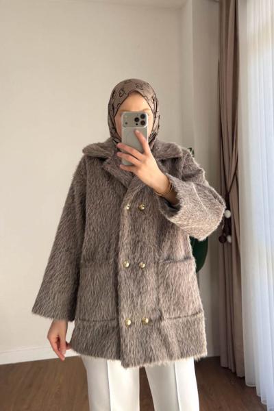 Düğme Detaylı Tüylü Ceket Vizon