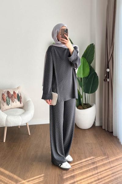 Yanları Büzgülü Taş Baskılı Takım  Füme