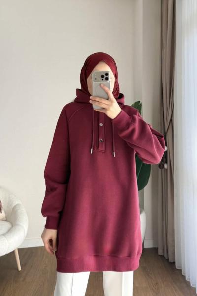 Patı Çıt Çıtlı Kapüşonlu Sweathirt  Bordo