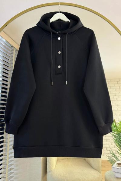 Patı Çıt Çıtlı Kapüşonlu Sweathirt  Siyah