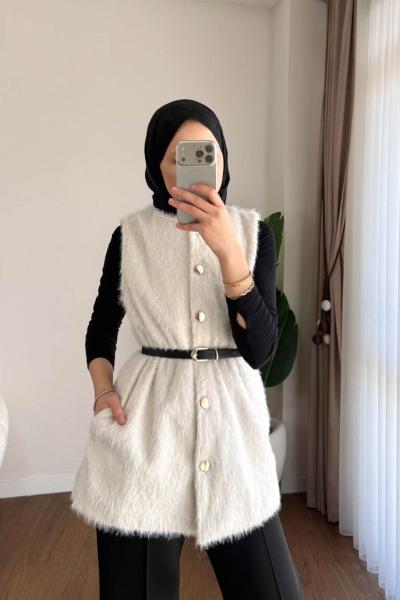 Kemerli Maxmara Yelek Krem