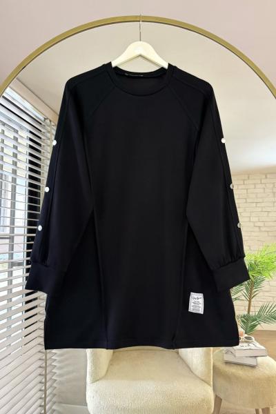 Kolları Düğme Detaylı Çımalı Tunik Siyah