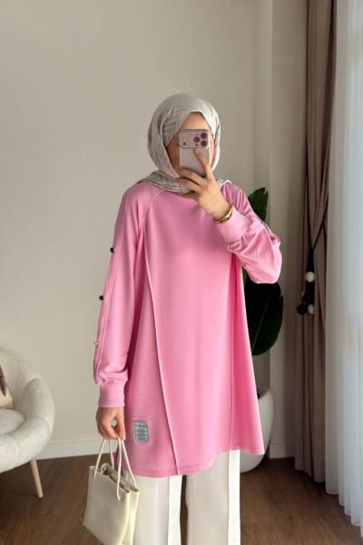 Kolları Düğme Detaylı Çımalı Tunik Pembe