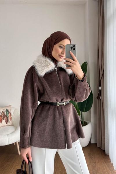 Kürklü Tay Tüyü Ceket Kahverengi