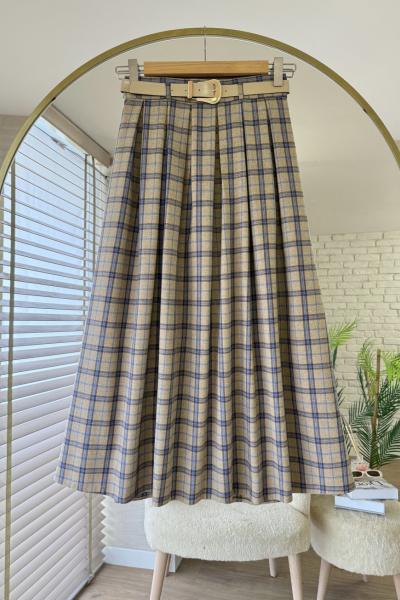 Pileli Ekose Etek Bej