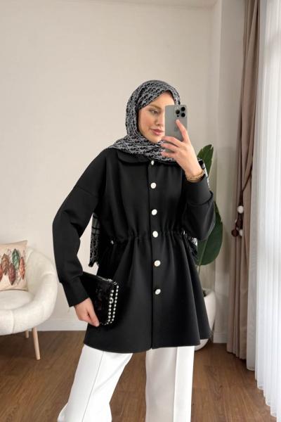 Beli Büzgülü Düğmeli Ceket  Siyah