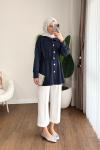 Beli Büzgülü Düğmeli Ceket  Lacivert