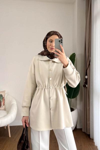 Beli Büzgülü Düğmeli Ceket  Bej