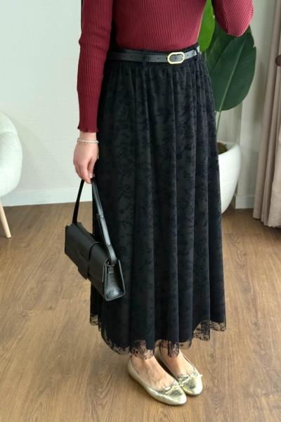 Floklu Tül Etek  Siyah