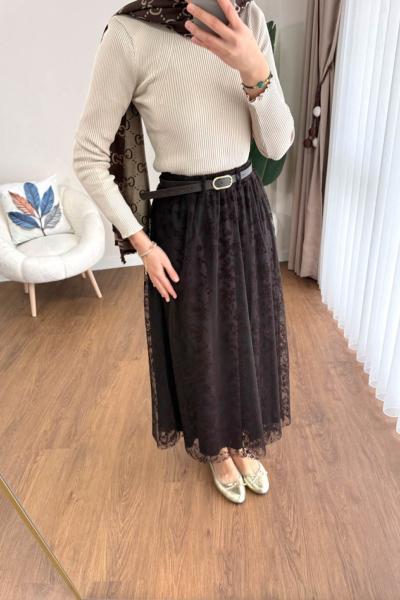 Floklu Tül Etek  Kahverengi