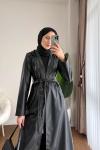 Deri Uzun Trençkot Siyah
