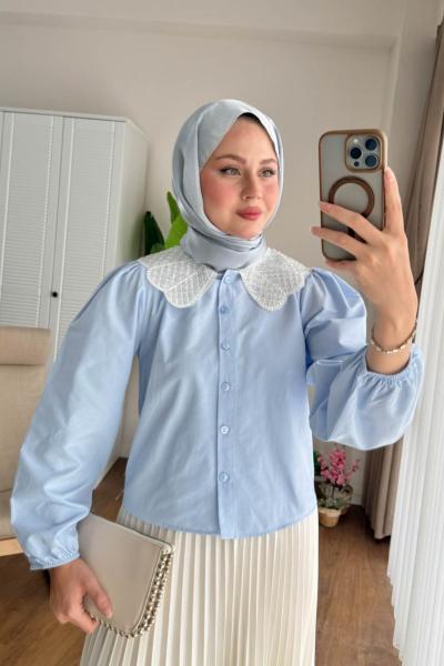 Taşlı Yaka Gömlek  Bebe Mavisi