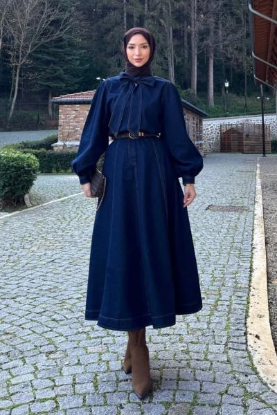 Yaka Bağcıklı Denim Takım  Lacivert