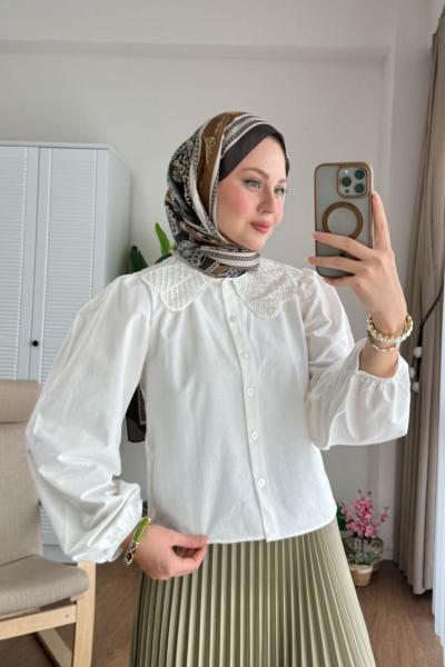 Taşlı Yaka Gömlek  Ekru