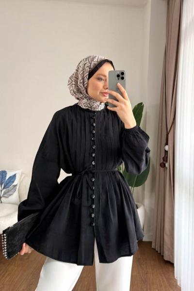 Brit Düğmeli Nervürlü Gömlek Siyah