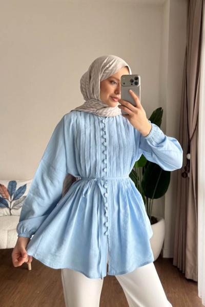 Brit Düğmeli Nervürlü Gömlek Mavi