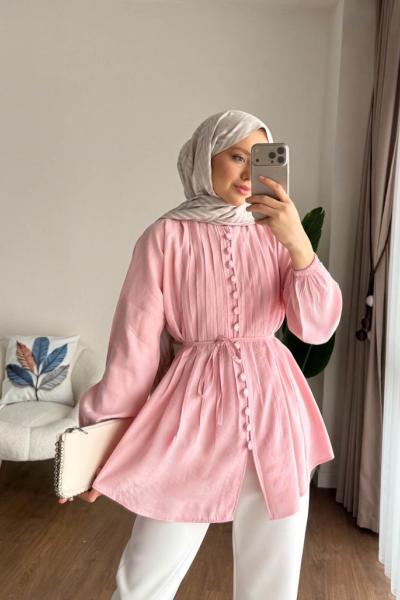 Brit Düğmeli Nervürlü Gömlek Pembe