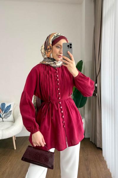 Brit Düğmeli Nervürlü Gömlek Bordo