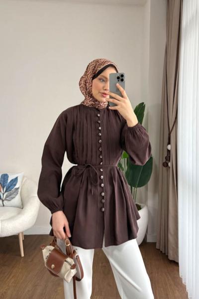 Brit Düğmeli Nervürlü Gömlek Kahverengi