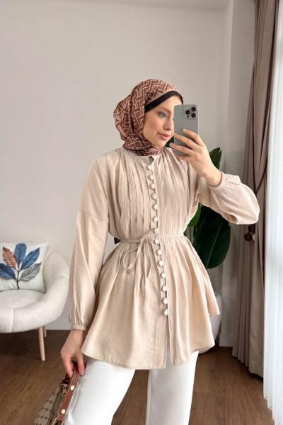 Brit Düğmeli Nervürlü Gömlek Taş Rengi