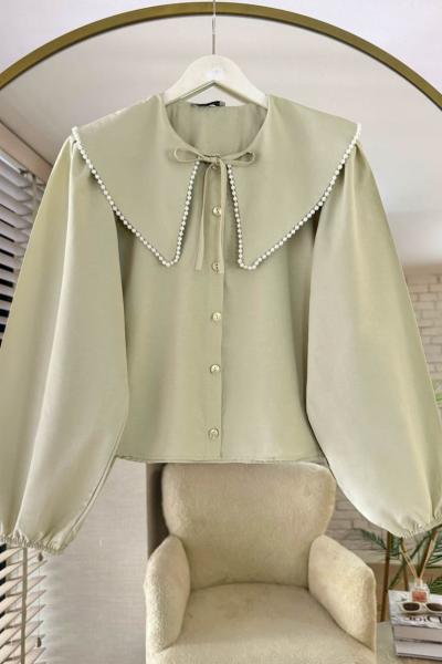 İnci Yakalı Kısa Gömlek Açık Yeşil