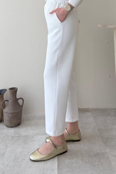 Beli Lastikli Scuba Pantolon Beyaz