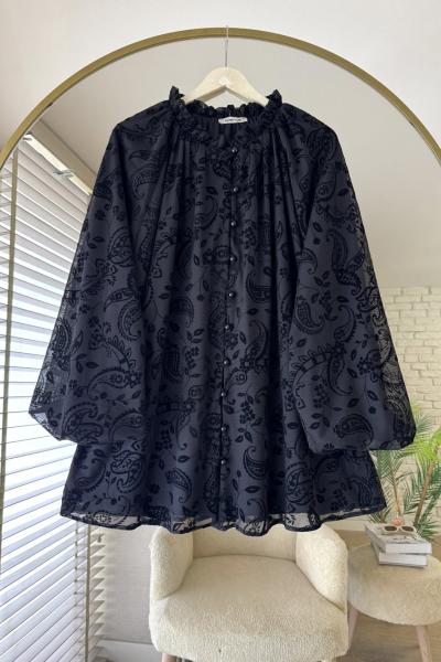 Şal Desen Floklu Gömlek Siyah