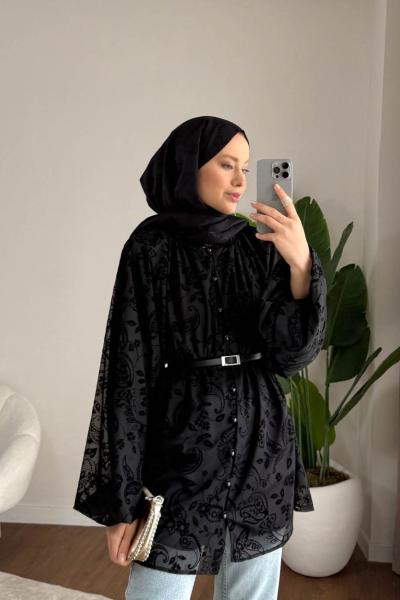 Şal Desen Floklu Gömlek Siyah
