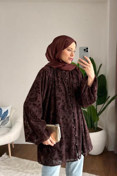 Şal Desen Floklu Gömlek Kahverengi