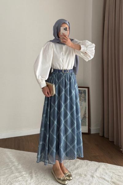 Desenli Şifon Etek Mavi