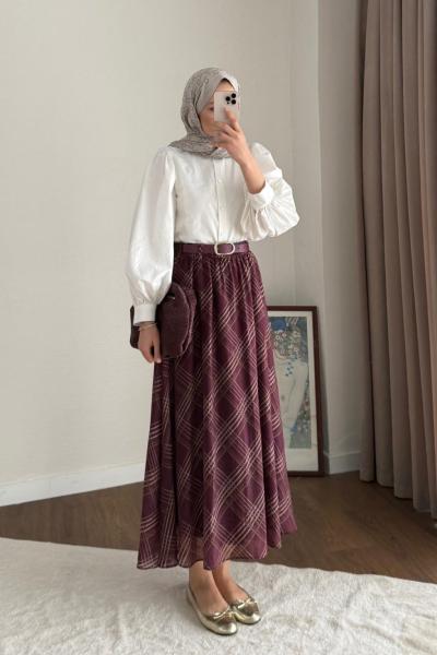 Desenli Şifon Etek Bordo