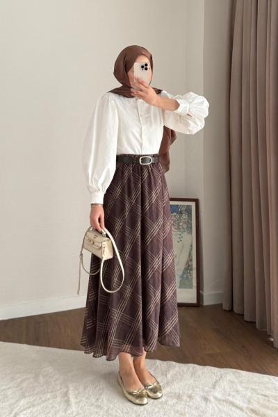 Desenli Şifon Etek Kahverengi