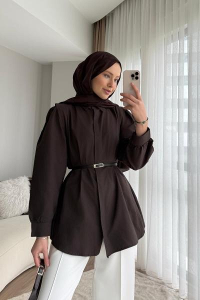 Omuz Volanlı Gömlek  Acı Kahve