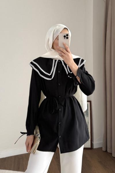 Çift Yaka Dantelli Gömlek Siyah