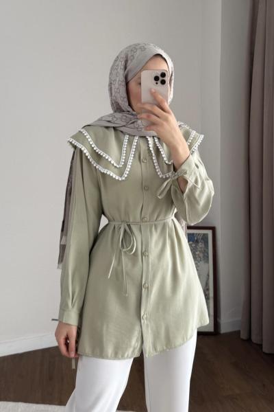 Çift Yaka Dantelli Gömlek Yeşil