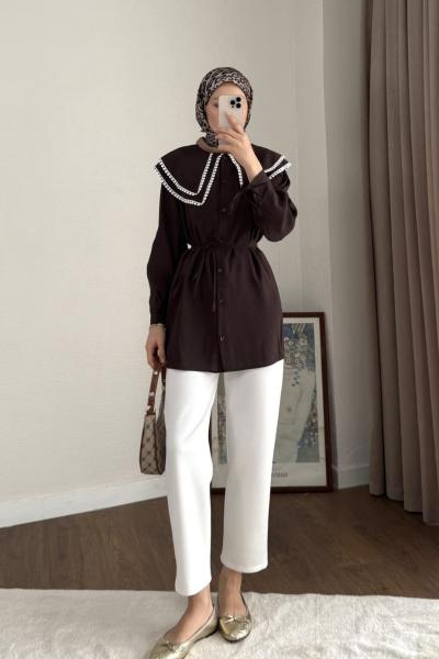 Çift Yaka Dantelli Gömlek Kahverengi