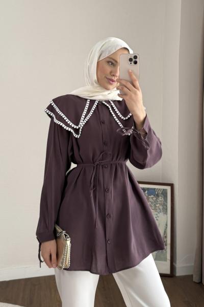 Çift Yaka Dantelli Gömlek Mürdüm