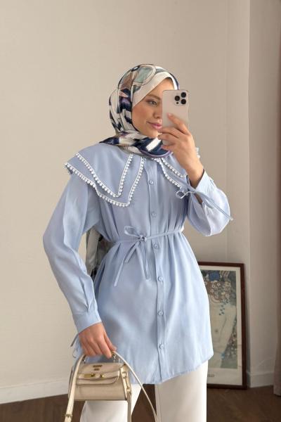 Çift Yaka Dantelli Gömlek Mavi