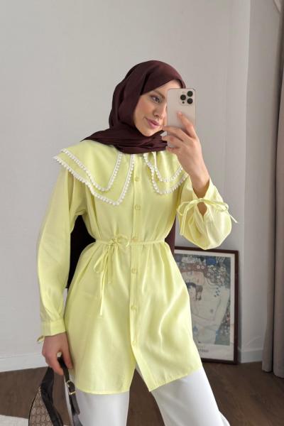 Çift Yaka Dantelli Gömlek Sarı