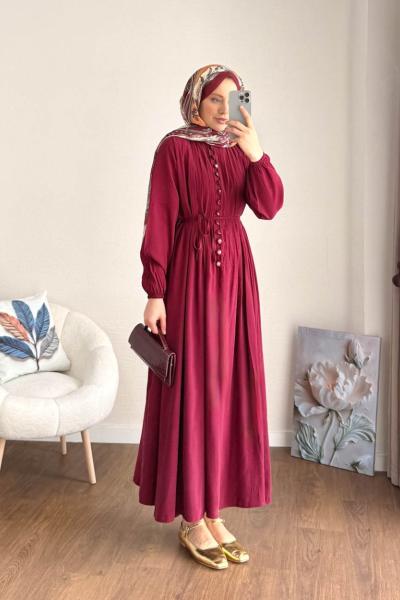 Nervürlü Elbise Bordo