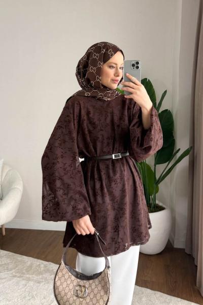 Çıtır Desen Floklu Tunik Kahverengi