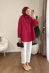 Yakası Bağcıklı Oversize Gömlek  Bordo