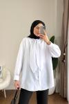 Yakası Bağcıklı Oversize Gömlek  Beyaz